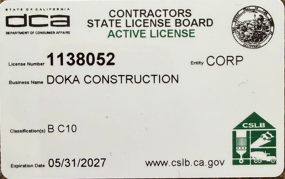 California Contractors State License Board card for Doka Construction, license 1138052