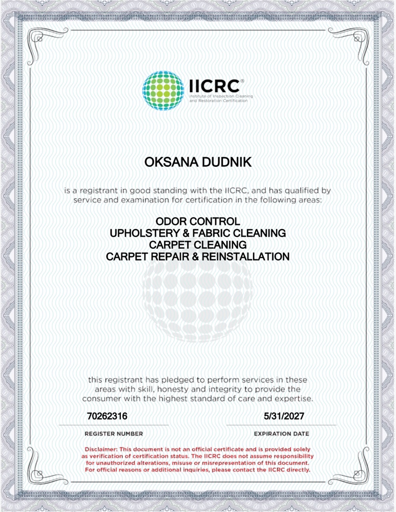 IICRC odor control, upholstery, carpet cleaning and repair certificate for Oksana Dudnik