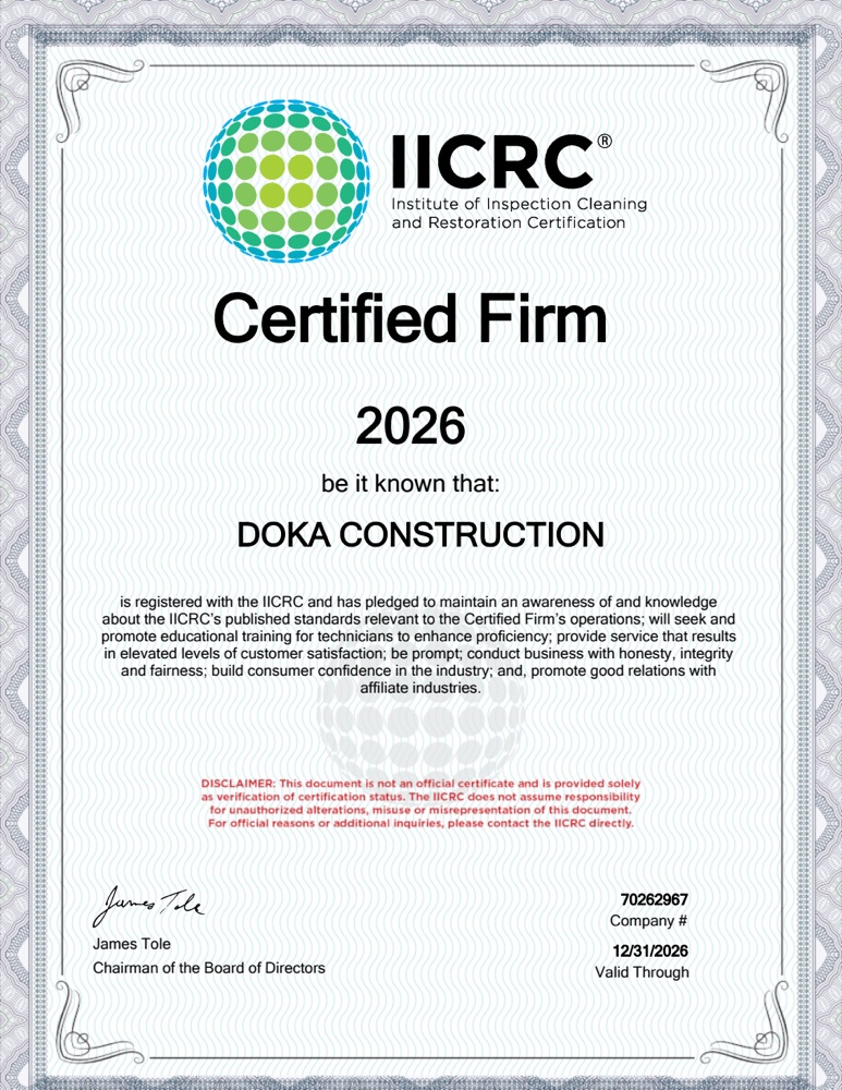 IICRC Certified Firm certificate for Doka Construction