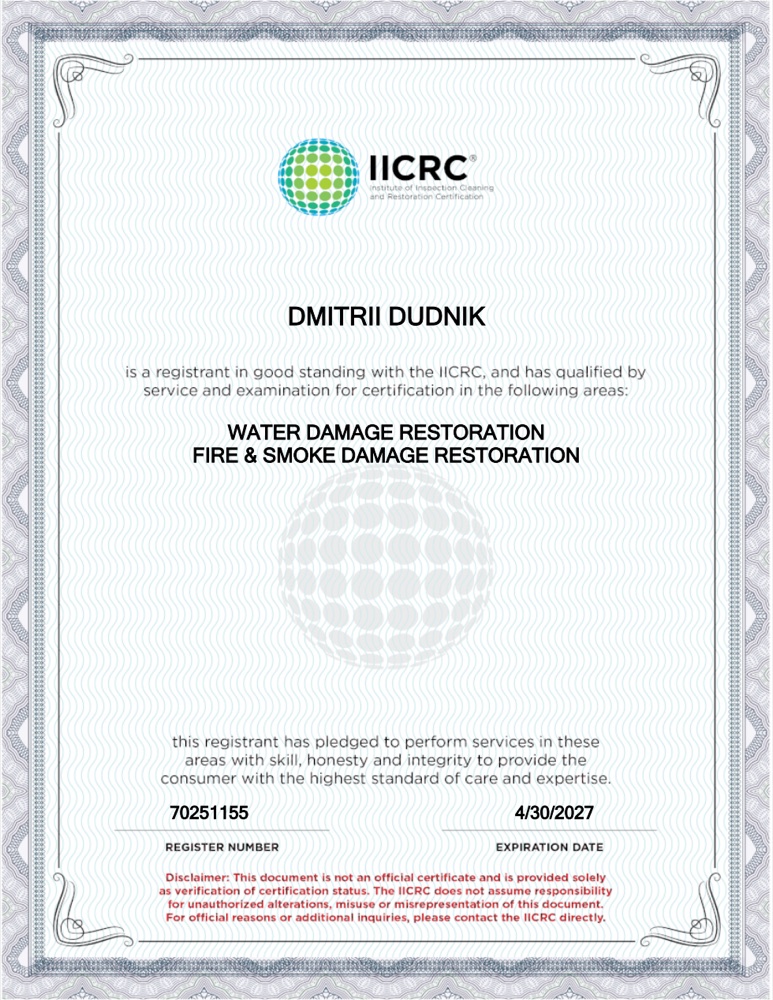 IICRC Water Damage Restoration and Fire and Smoke Damage Restoration certificate for Dmitrii Dudnik
