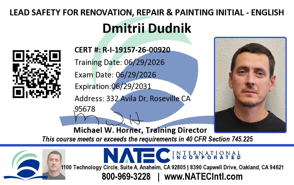 Lead-safe renovation, repair and painting certificate for Dmitrii Dudnik