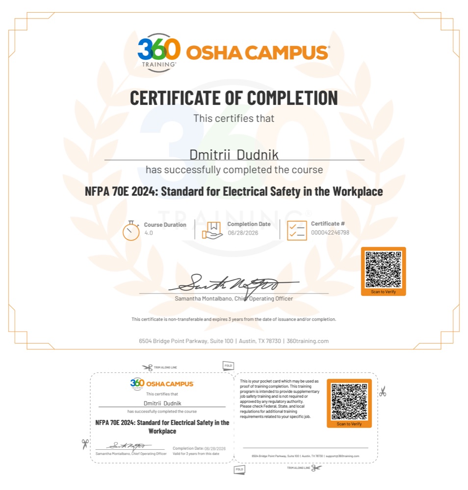 NFPA 70E electrical safety course completion certificate for Dmitrii Dudnik