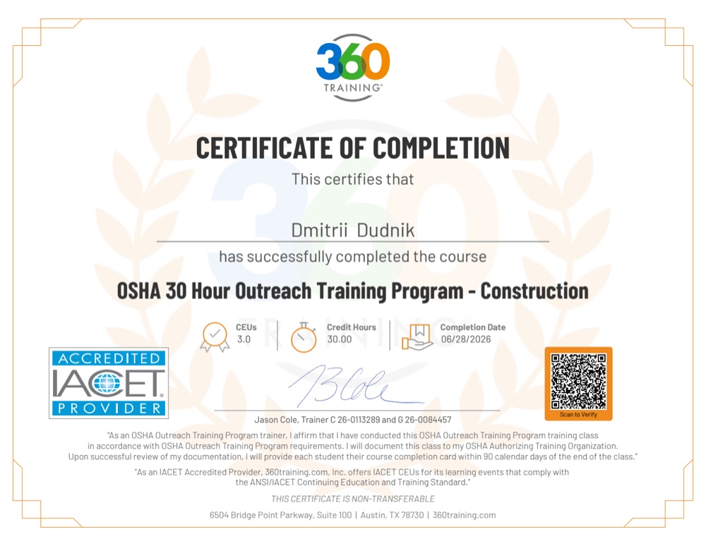 OSHA 30 construction course completion certificate for Dmitrii Dudnik