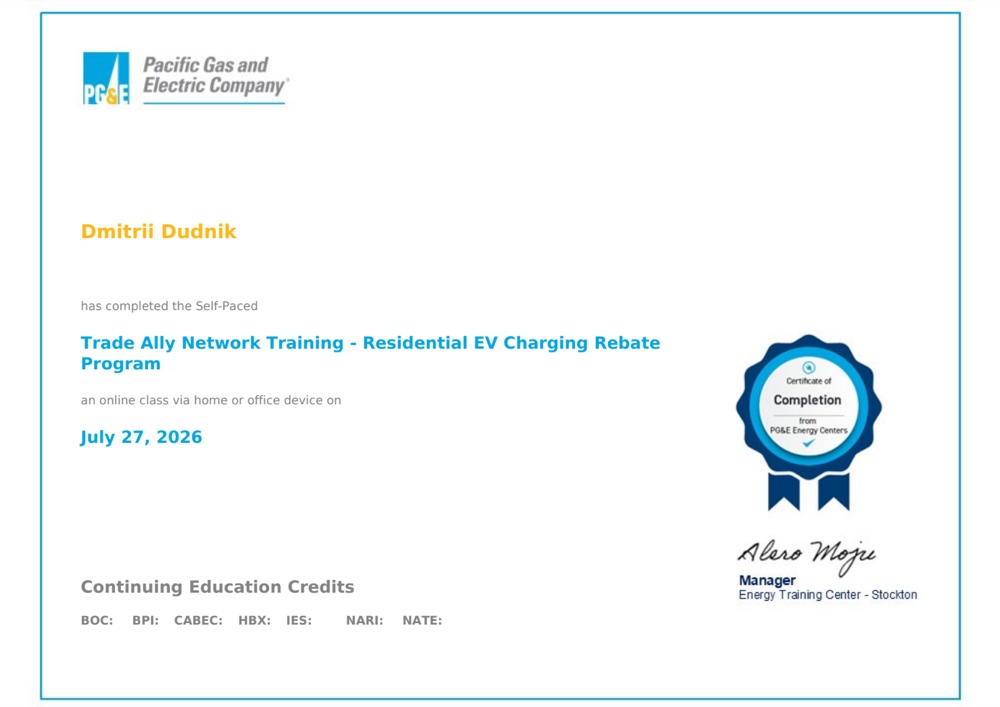 PG&E Trade Ally Network EV charging rebate training certificate for Dmitrii Dudnik
