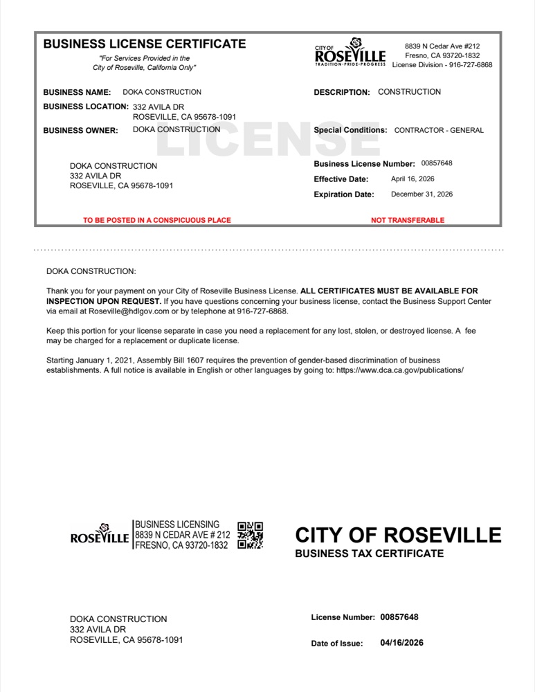 City of Roseville business license certificate for Doka Construction