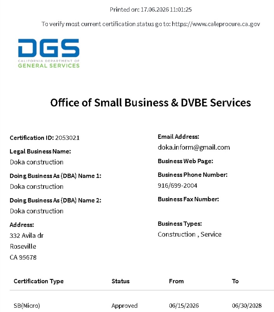 California Small Business Micro certification for Doka Construction