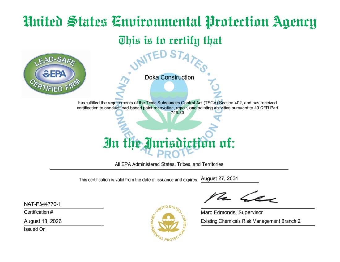 EPA Lead-Safe Certified Firm certificate for Doka Construction