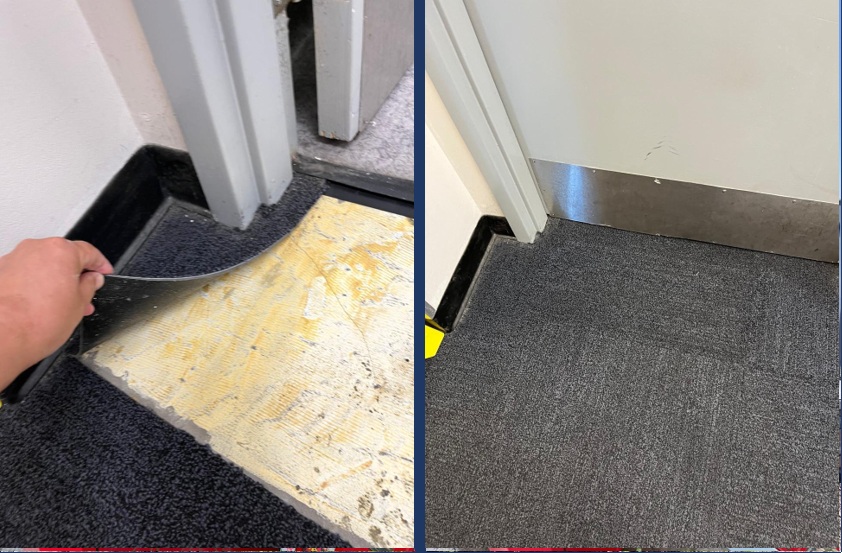 Before and after carpet and doorway threshold repair
