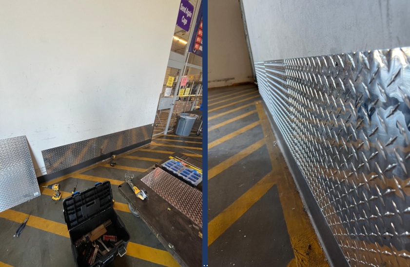 Before and after diamond-plate wall protection installation