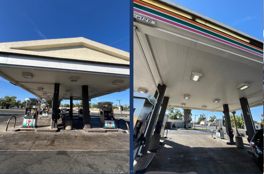 Before and after commercial fuel canopy lighting service