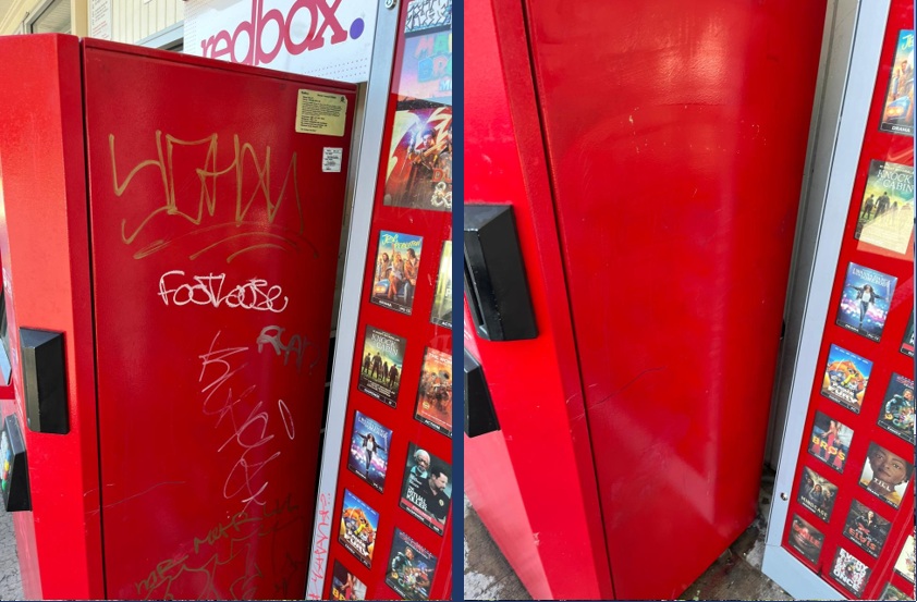 Before and after graffiti removal from commercial equipment