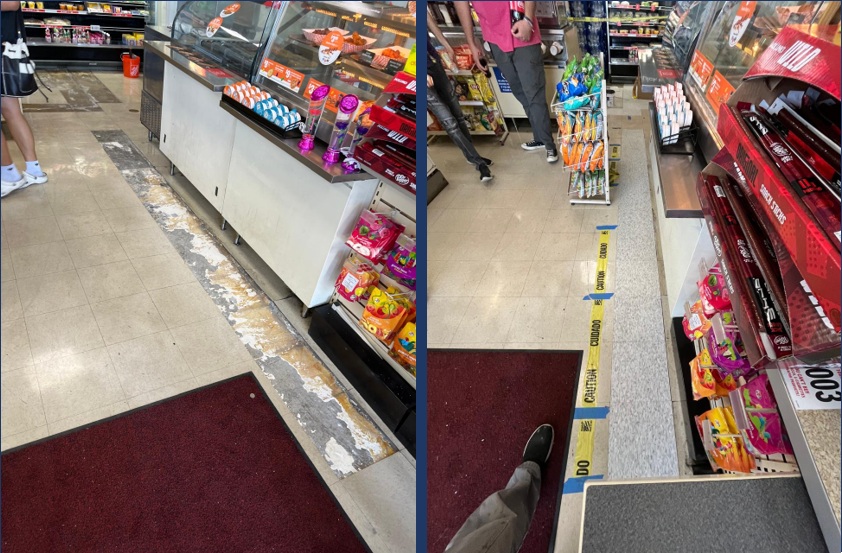 Before and after retail flooring transition repair