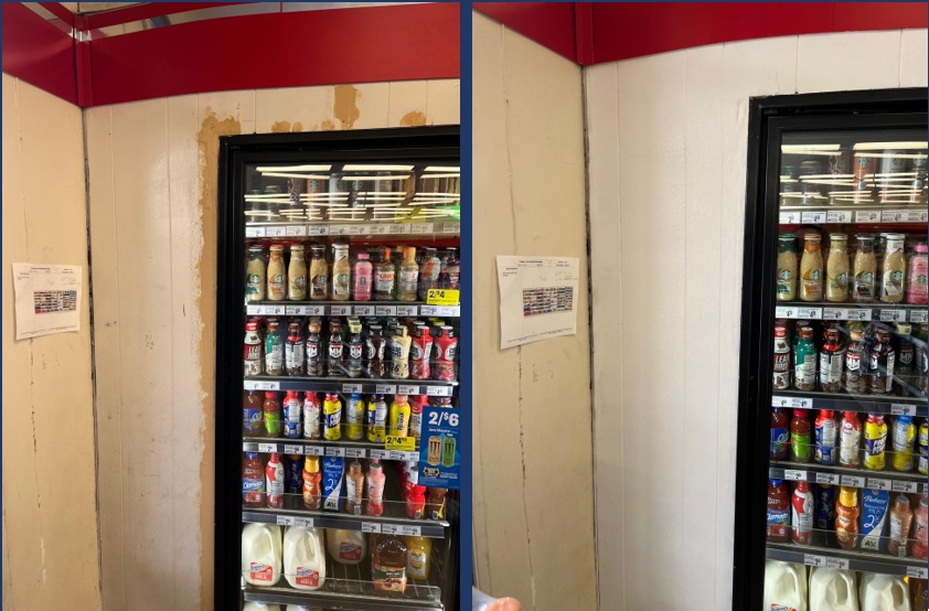 Before and after wall finish restoration around refrigerated equipment